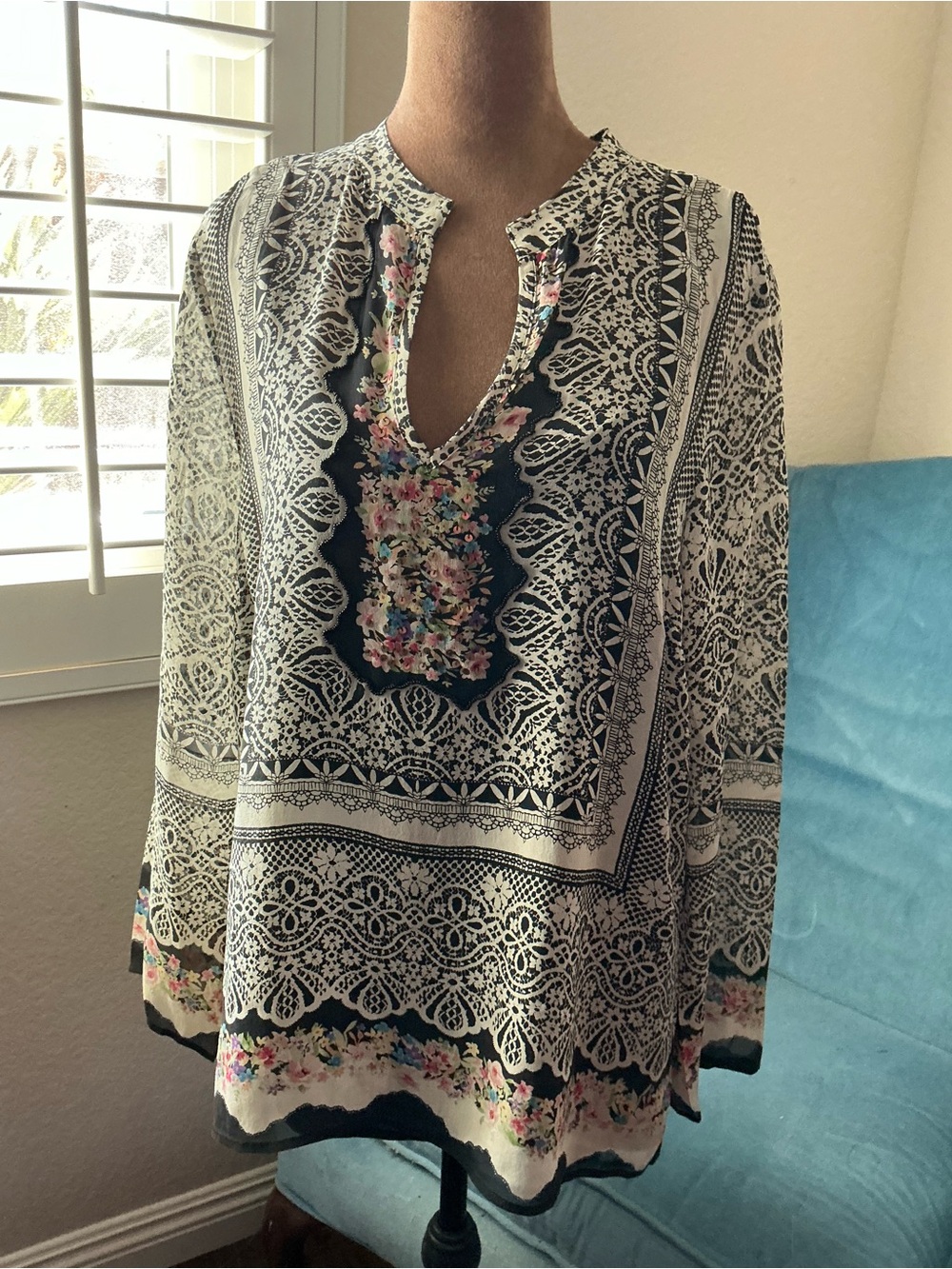 Sundance Black & White Floral Border Silk Tunic